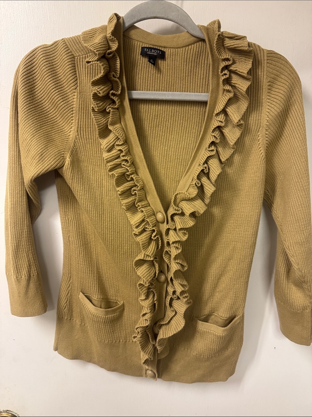 Talbots Ruffle-Trim Ribbed Cardigan in Mustard Yellow